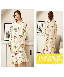 New Woman Cotton Nightdress Long Sleeve Spring Fall Printing Nightgown Loose Size Ruffle Hem Pajamas 