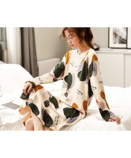 New Woman Cotton Nightdress Long Sleeve Spring Fall Printing Nightgown Loose Size Ruffle Hem Pajamas 