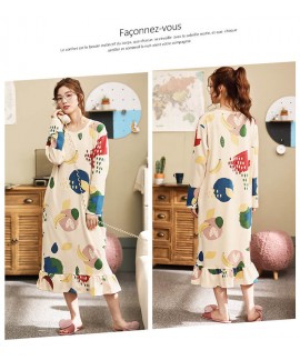 New Woman Cotton Nightdress Long Sleeve Spring Fall Printing Nightgown Loose Size Ruffle Hem Pajamas 