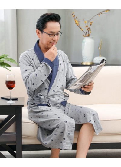 Men Casual Kimono Print Bathrobe Long Cotton Nghtgowns Autumn Winter Plus Size Sleepwear Male Home Wear