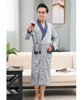 Men Casual Kimono Print Bathrobe Long Cotton Nghtgowns Autumn Winter Plus Size Sleepwear Male Home Wear