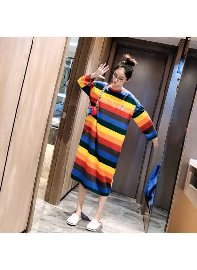 Autumn Winter Cute Sweet Womens Cotton Long-sleeved Nightgowns Thicken Rainbow Striped Nightdress For Famale