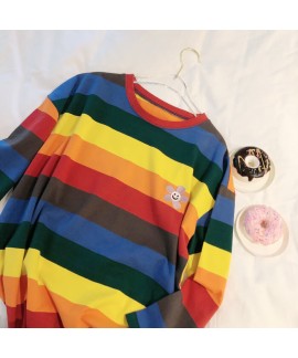 Autumn Winter Cute Sweet Womens Cotton Long-sleeved Nightgowns Thicken Rainbow Striped Nightdress For Famale