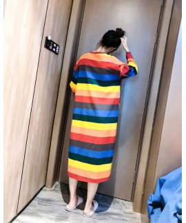 Autumn Winter Cute Sweet Womens Cotton Long-sleeved Nightgowns Thicken Rainbow Striped Nightdress For Famale