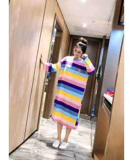 Autumn Winter Cute Sweet Womens Cotton Long-sleeved Nightgowns Thicken Rainbow Striped Nightdress For Famale