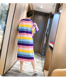 Autumn Winter Cute Sweet Womens Cotton Long-sleeved Nightgowns Thicken Rainbow Striped Nightdress For Famale