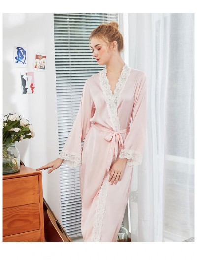 Women Long Sleeve Silk Satin Nightgowns Casual Loose Night Dress Spring Summer Autumn Lace Print Home Clothing Nightshirts