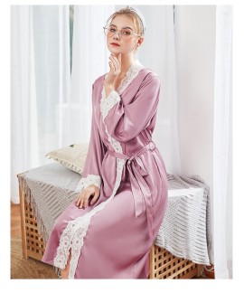 Women Long Sleeve Silk Satin Nightgowns Casual Loose Night Dress Spring Summer Autumn Lace Print Home Clothing Nightshirts