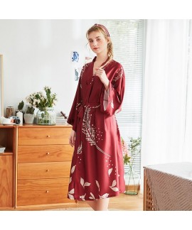 Women Long Sleeve Silk Satin Nightgowns Casual Loose Night Dress Spring Summer Autumn Lace Print Home Clothing Nightshirts