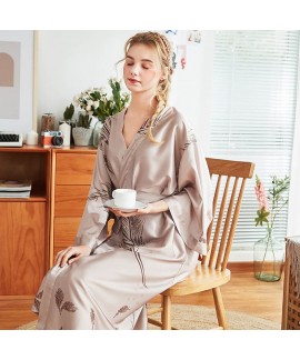 Women Long Sleeve Silk Satin Nightgowns Casual Loose Night Dress Spring Summer Autumn Lace Print Home Clothing Nightshirts