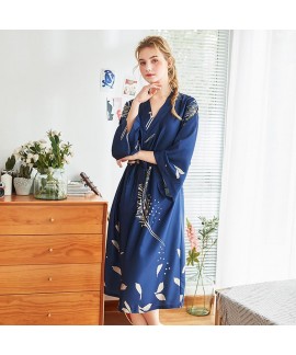 Women Long Sleeve Silk Satin Nightgowns Casual Loose Night Dress Spring Summer Autumn Lace Print Home Clothing Nightshirts