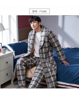 Men's nightgown winter thickened mid-length cotton warm bathrobe and pants pajamas two-piece suit wholesale