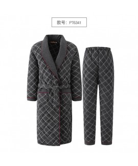 Men's nightgown winter thickened mid-length cotton warm bathrobe and pants pajamas two-piece suit wholesale