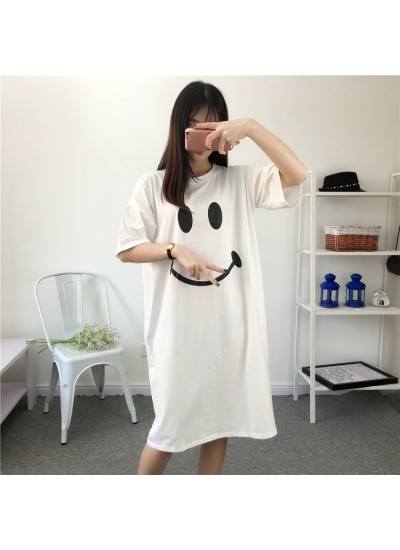 Pajamas Women Summer Cotton Mid-sleeves Cute Smiling Face Mid-length Plus Size Nightdress Wholesale