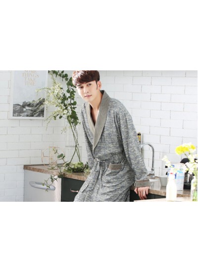 Men's Grey Print Cotton Classical Nightgown Spring Autumn Pockets Long Sleeve Bathrobe Plus Size Home Service