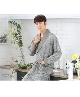 Men's Grey Print Cotton Classical Nightgown Spring Autumn Pockets Long Sleeve Bathrobe Plus Size Home Service