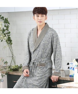 Men's Grey Print Cotton Classical Nightgown Spring Autumn Pockets Long Sleeve Bathrobe Plus Size Home Service