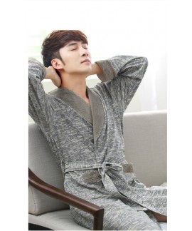 Men's Grey Print Cotton Classical Nightgown Spring Autumn Pockets Long Sleeve Bathrobe Plus Size Home Service