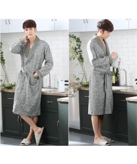 Men's Grey Print Cotton Classical Nightgown Spring Autumn Pockets Long Sleeve Bathrobe Plus Size Home Service