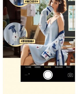 Soft Women Suspender Nightdress Flower Print 100% Cotton Nightgown Two-piece Korean Style Female Robe Wholesale