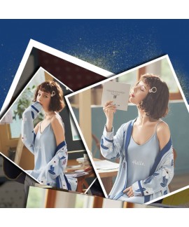 Soft Women Suspender Nightdress Flower Print 100% Cotton Nightgown Two-piece Korean Style Female Robe Wholesale