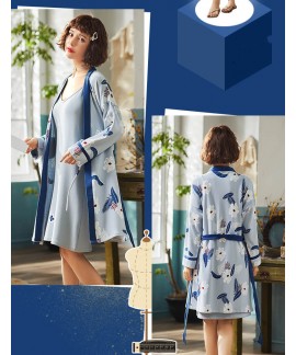Soft Women Suspender Nightdress Flower Print 100% Cotton Nightgown Two-piece Korean Style Female Robe Wholesale