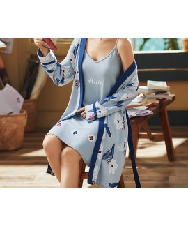 Soft Women Suspender Nightdress Flower Print 100% Cotton Nightgown Two-piece Korean Style Female Robe Wholesale