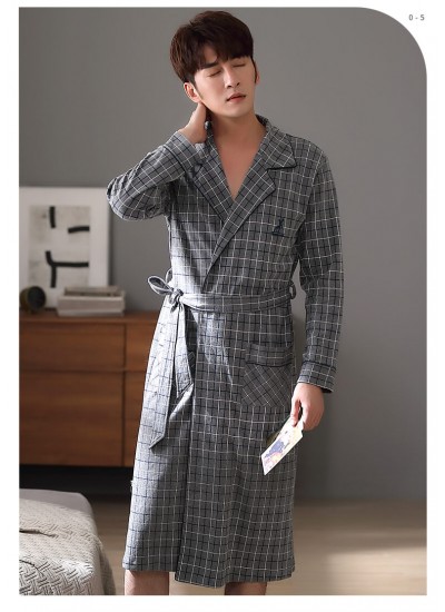 Gray plaid long robe spring and autumn cotton men's long-sleeved bathrobe father pajamas wholesale