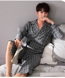 Gray plaid long robe spring and autumn cotton men's long-sleeved bathrobe father pajamas wholesale