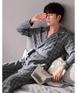 Gray plaid long robe spring and autumn cotton men's long-sleeved bathrobe father pajamas wholesale