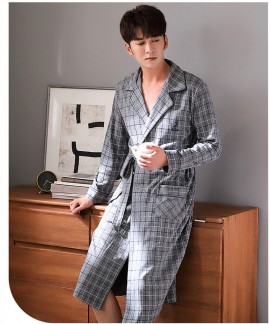 Gray plaid long robe spring and autumn cotton men's long-sleeved bathrobe father pajamas wholesale