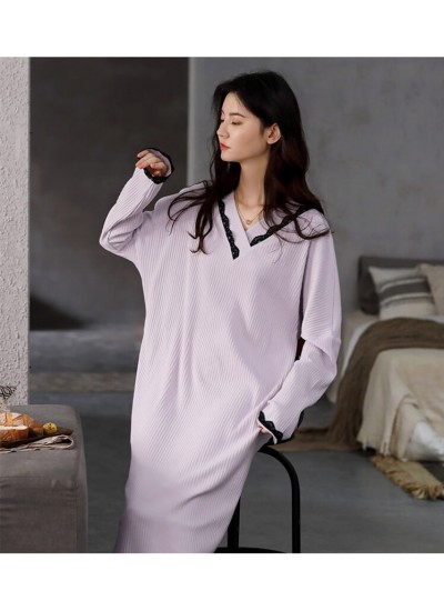 2020 Autumn Nightdress Women Long Sleeve Pure Cotton Knit Lace Pajamas Mid-length Home Wear Wholesale