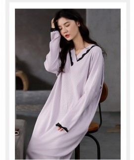 2020 Autumn Nightdress Women Long Sleeve Pure Cotton Knit Lace Pajamas Mid-length Home Wear Wholesale