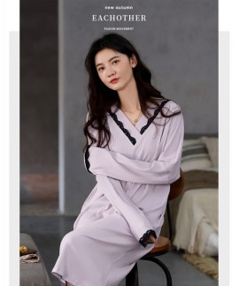 2020 Autumn Nightdress Women Long Sleeve Pure Cotton Knit Lace Pajamas Mid-length Home Wear Wholesale