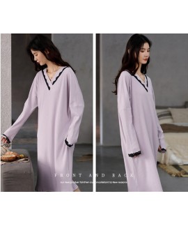 2020 Autumn Nightdress Women Long Sleeve Pure Cotton Knit Lace Pajamas Mid-length Home Wear Wholesale