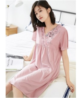 Lace Embroidered Cotton Short Sleeve Summer Nightg...