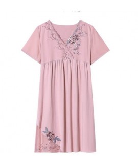 Lace Embroidered Cotton Short Sleeve Summer Nightgown Female Long Nightwear Mother Nightdress Wholesale and Retail