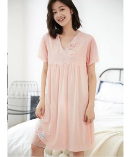 Lace Embroidered Cotton Short Sleeve Summer Nightgown Female Long Nightwear Mother Nightdress Wholesale and Retail