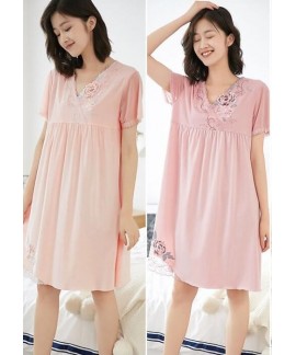 Lace Embroidered Cotton Short Sleeve Summer Nightgown Female Long Nightwear Mother Nightdress Wholesale and Retail