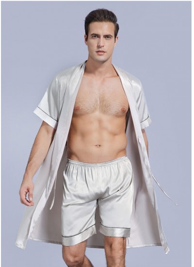 Men's Summer Ice Silk Thin Short Sleeves Bathrobe Nightgown Suit Silk Summer Men's Nightwear Pajamas