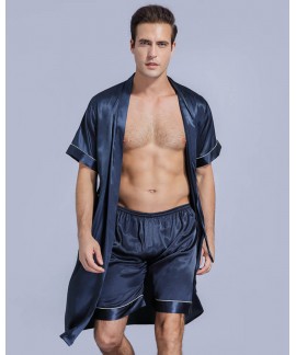 Men's Summer Ice Silk Thin Short Sleeves Bathrobe Nightgown Suit Silk Summer Men's Nightwear Pajamas