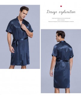 Men's Summer Ice Silk Thin Short Sleeves Bathrobe Nightgown Suit Silk Summer Men's Nightwear Pajamas