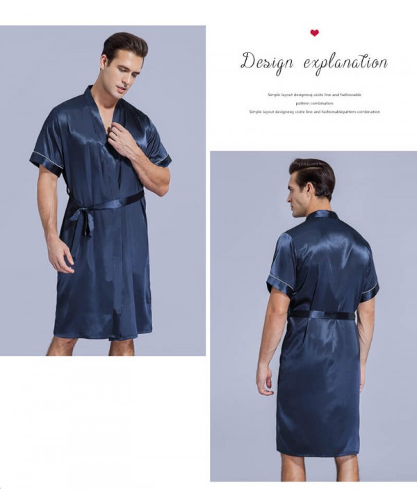 Men's Summer Ice Silk Thin Short Sleeves Bathrobe Nightgown Suit Silk