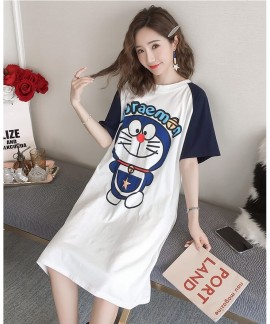 Women Cotton Cartoon Robot Cat Print Round Neck Ni...