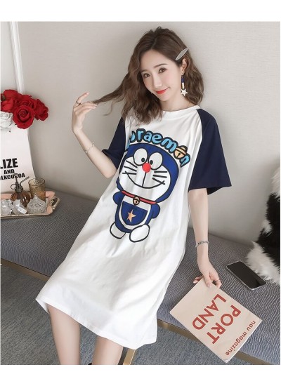 Women Cotton Cartoon Robot Cat Print Round Neck Night Dress Short Sleeve Nighgown Spring Summer Home Clothes Female
