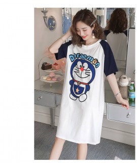 Women Cotton Cartoon Robot Cat Print Round Neck Night Dress Short Sleeve Nighgown Spring Summer Home Clothes Female