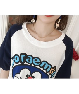 Women Cotton Cartoon Robot Cat Print Round Neck Night Dress Short Sleeve Nighgown Spring Summer Home Clothes Female