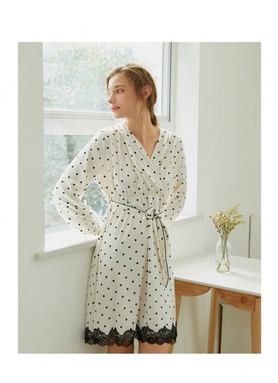 Spring Summer Sweet Lace Polka Dot Silk Nightwear Female Robe Women Nightgown Home Service