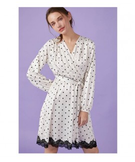 Spring Summer Sweet Lace Polka Dot Silk Nightwear Female Robe Women Nightgown Home Service