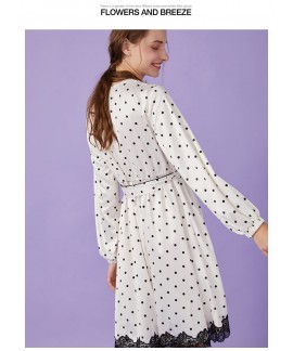 Spring Summer Sweet Lace Polka Dot Silk Nightwear Female Robe Women Nightgown Home Service